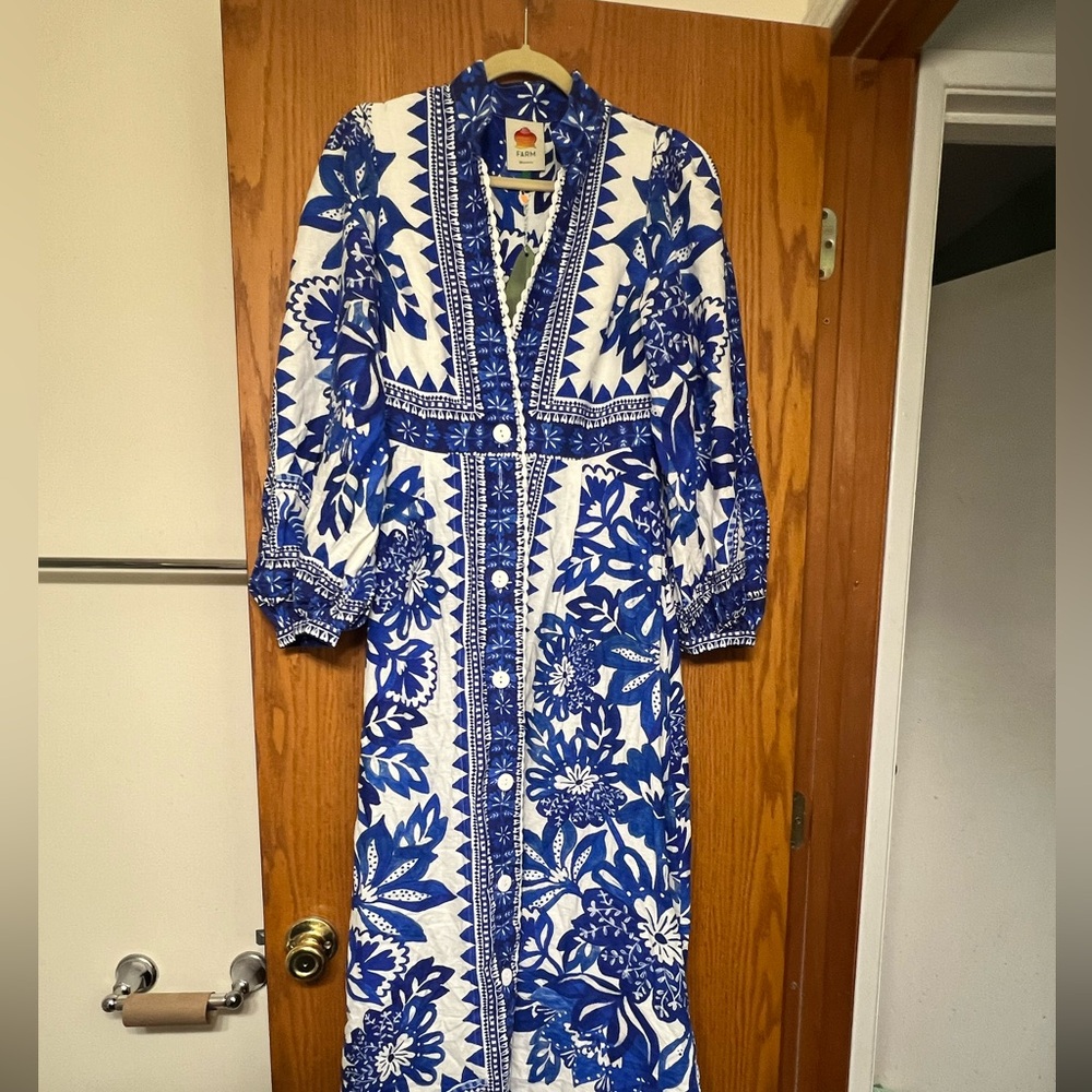 FARM Rio Blue and White Long Sleeve Dress